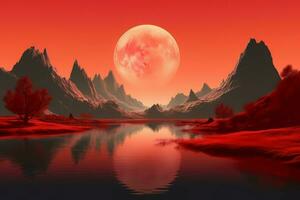 Red fantasy river landscape. Generate Ai photo
