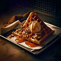 Yummy waffle with caramel ice cream, chopped nuts and caramel sauce on top, Ai Generative photo