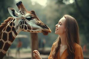 Girl feeds giraffe. Generate Ai photo