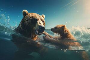 Bear family diving river. Generate Ai photo