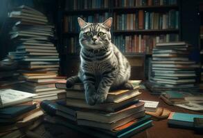 Cat on book stack animal. Generate Ai photo