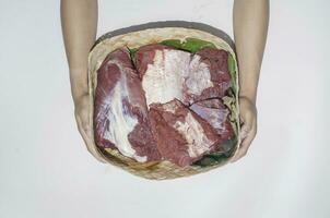 The top view of giving of sacrificial meat on Eid al-Adha isolated by white background photo