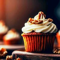 A carrot cupcake with cream cheese frosting and walnuts on top on a wooden board, Ai Generative photo