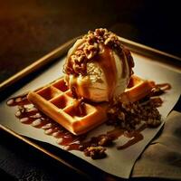 Yummy waffle with caramel ice cream, chopped nuts and caramel sauce on top, Ai Generative photo