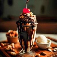 An ice cream with chocolate sauce on a wooden board, Ai Generative photo