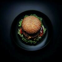 un plato de hamburguesa en negro fondo, parte superior vista, ai generativo foto