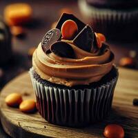 A chocolate cupcake with peanut butter frosting and Reese's pieces on top on a wooden board, Ai Generative photo