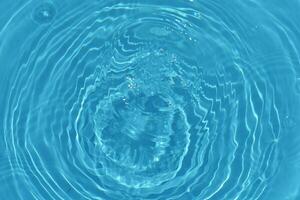 Blue water with ripples on the surface. Defocus blurred transparent blue colored clear calm water surface texture with splashes and bubbles. Water waves with shining pattern texture background. photo