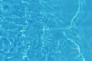 Blue water with ripples on the surface. Defocus blurred transparent blue colored clear calm water surface texture with splashes and bubbles. Water waves with shining pattern texture background. photo