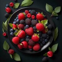 A plate of berries on black background, top view, Ai Generative photo