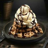 Tasty waffle with chocolate ice cream, whipped cream and chocolate syrup on top, Ai Generative photo