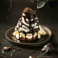 Tasty waffle with chocolate ice cream, whipped cream and chocolate syrup on top, Ai Generative photo