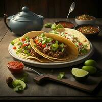 Mexican tacos on a plate with a bowl of salsa, Ai Generative photo