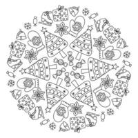 New Year, Christmas circle mandala. Hand drawing coloring page for kids and adults. Winter Holidays. Beautiful drawing with patterns and small details. Coloring anti stress pictures vector