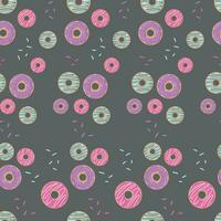 Hand drawn seamless pattern with colorful glazed donuts on a dark background. Vector illustration