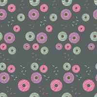 Hand drawn seamless pattern with colorful glazed donuts on a dark background. Vector illustration