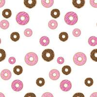 Hand drawn seamless pattern with colorful donuts with icing on a white background. Vector illustration