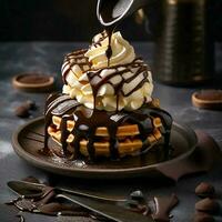 Tasty waffle with chocolate ice cream, whipped cream and chocolate syrup on top, Ai Generative photo
