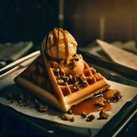 Yummy waffle with caramel ice cream, chopped nuts and caramel sauce on top, Ai Generative photo