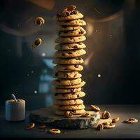 A homemade chocolate chip cookie stack on table, Ai Generative photo