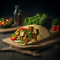 Freshness wrap with chicken and vegetables on a cutting board, Ai Generative photo