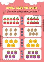 flat design vector counting more less equal counting printable worksheet for kids activity