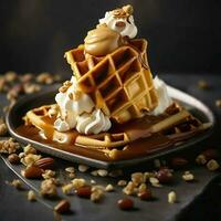 Yummy waffle with caramel ice cream, chopped nuts and caramel sauce on top, Ai Generative photo