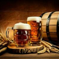 Glasses of beer wheat with wooden barrel, Ai Generative photo