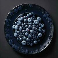 A plate of blueberries on black background, top view, Ai Generative photo