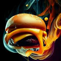 un flotante hamburguesa con queso y salsa en un oscuro fondo, ai generativo foto