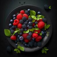 A plate of berries on black background, top view, Ai Generative photo