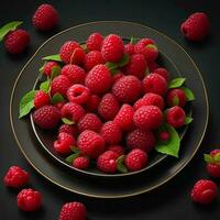A plate of raspberries on black background, top view, Ai Generative photo