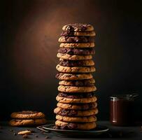 A homemade chocolate chip cookie stack on table, Ai Generative photo