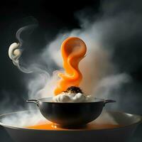 Steaming bowl of soup with sour cream on a wooden table, Ai Generative photo