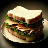 Sandwich with lettuce, sausage, cheese, and tomato on a plate, Ai Generative photo