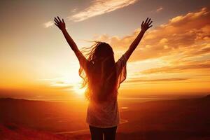 Silhouette of happy woman with raised hands over sunset sky background, Excited girl standing and celebrating success on a sunset background, Full rear view, high hands over head, AI Generated photo