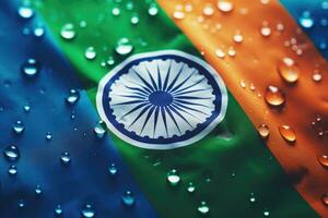 indio bandera con gotas de lluvia - cerca arriba ver de indio bandera, gotas de agua en India bandera antecedentes. superficial profundidad de campo, ai generado foto