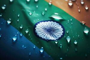 bandera de India con lluvia gotas en él. 3d ilustración, gotas de agua en India bandera antecedentes. superficial profundidad de campo, ai generado foto