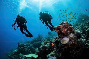 Scuba diving in the deep blue sea with corals and tropical fish, Extreme divers in the coral reef, rear view, no visible faces, AI Generated photo