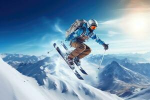 Flying skier on mountains. Extreme winter sport. 3D Rendering, Extreme skiing and jumping on the snow, rear view, no visible faces, AI Generated photo