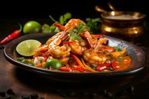 spicy stir-fried prawns with chili pepper and lime, Experience the thrilling fusion of global flavors with a spicy dish combining Thai and Mexican culinary traditions, AI Generated photo