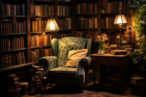 cómodo Sillón y estante para libros en un oscuro biblioteca, escapar a un ratón de biblioteca paraíso con un acogedor leyendo esquina, completar con un sillón, un mesa apilado con libros, y un cálido, ai generado foto