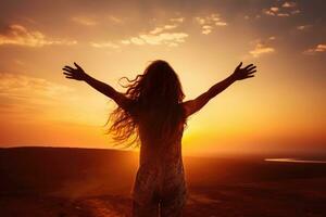 Silhouette of a woman with open arms on a sunset background, Excited girl standing and celebrating success on a sunset background, Full rear view, high hands over head, AI Generated photo