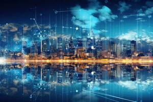 Cityscape with buildings and charts on the background of the night sky, Double exposure of cityscape and high technology network connection concept. Panoramic cityscape background, AI Generated photo