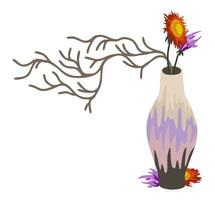 Decorative vase with dry flowers and branch. Vector isolated illustration