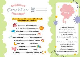 flat design vector sentence completion challenge printable worksheet for kids activity