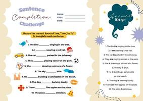 flat design vector sentence completion challenge printable worksheet for kids activity