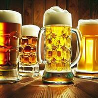 Glasses of beer wheat with wooden barrel, Ai Generative photo