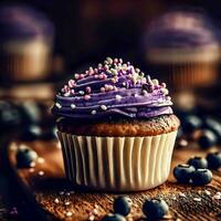 A blueberry cupcake with purple sprinkles on a wooden board, Ai Generative photo