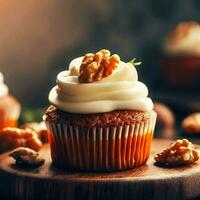 A carrot cupcake with cream cheese frosting and walnuts on top on a wooden board, Ai Generative photo